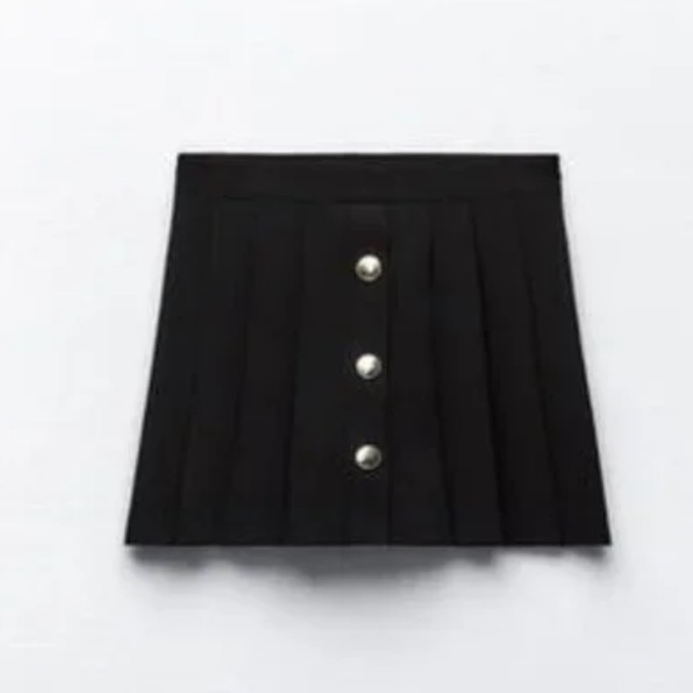 ZARA Black Pleated Mini Skirt Skort with Gold Buttons Size XS